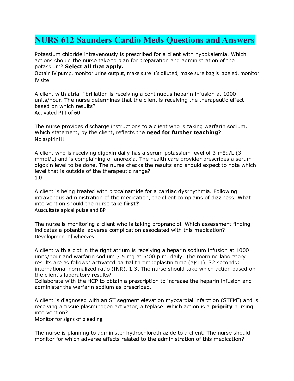 Preview of NURS 612 Saunders Cardio Meds Questions and Answers